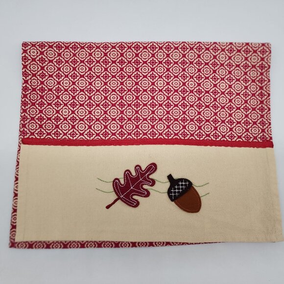 Unbranded Other - Fall Kitchen Towel Red & Beige With Leaf & Acorn Applique 16"x26"